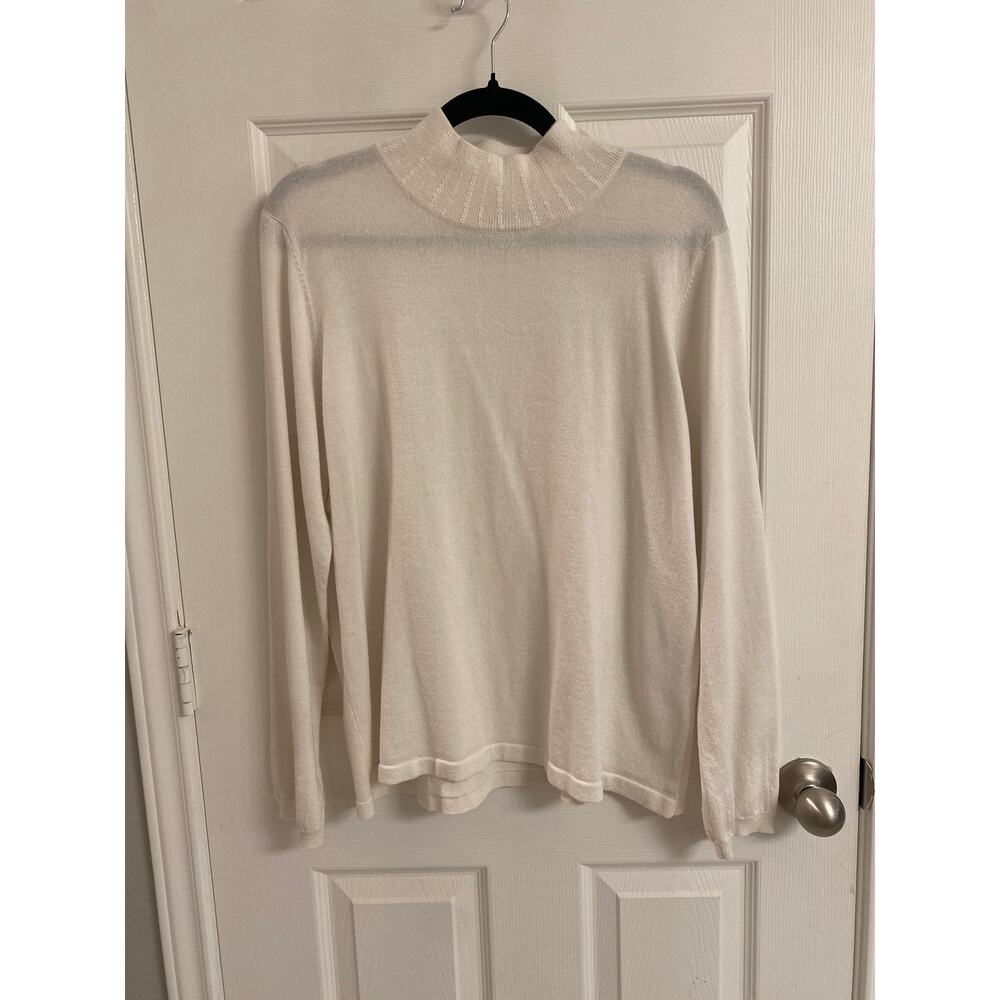 Minimalist Sequin Mock Neck Sweater Cream White Metallic Knit Long Sleeve XL